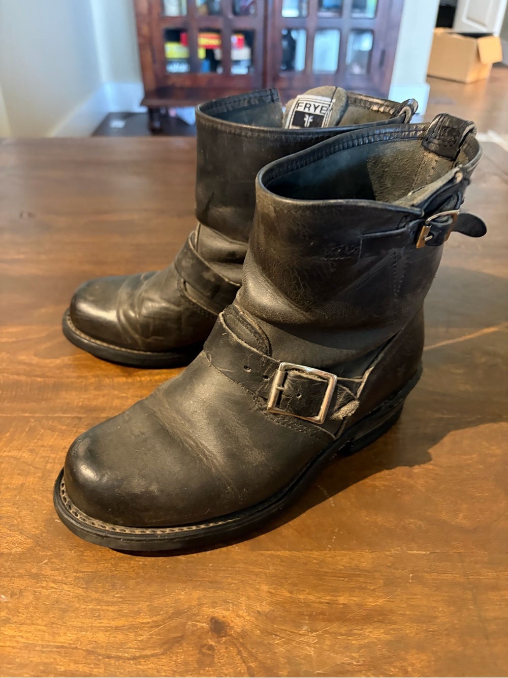 Frye Black Leather Engineer Boots with Buckles - Picture 2 of 5